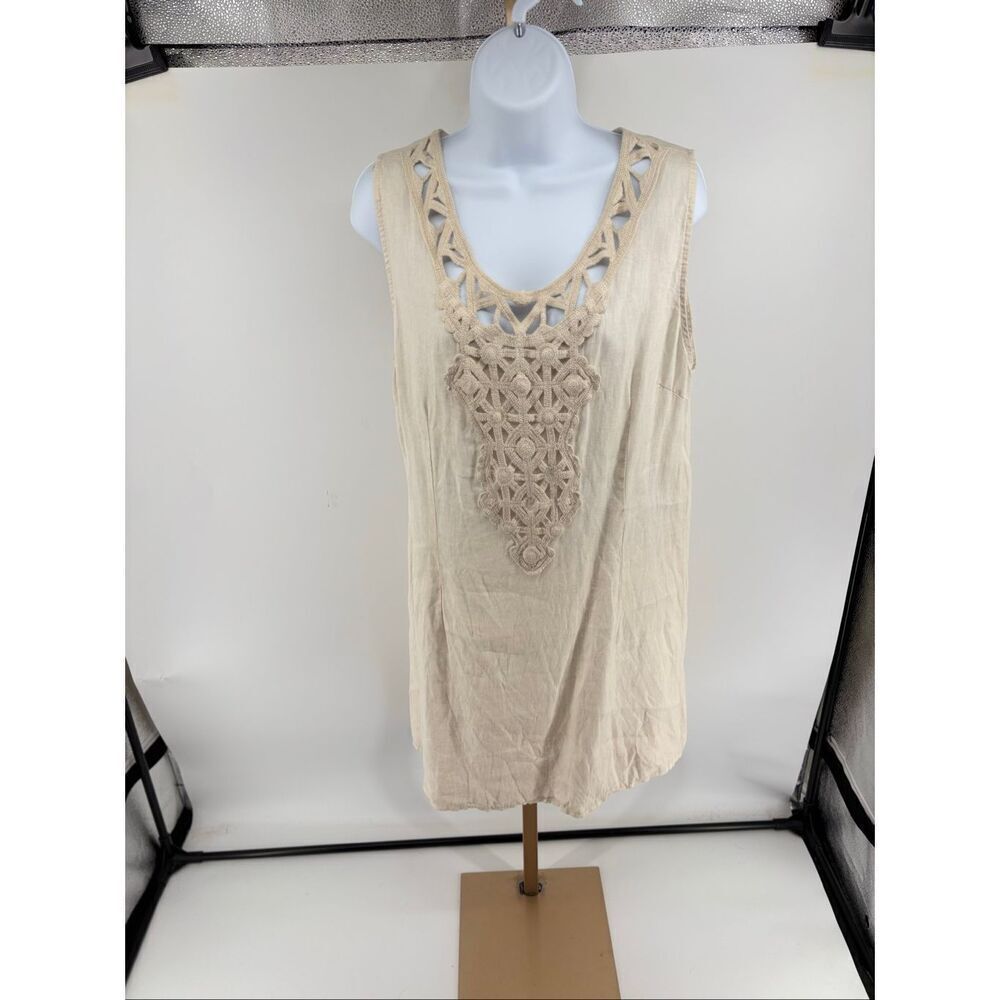 Alessia Pacini 100% Linen Beige Sleeveless Shift Dress Crochet Inlay Size Medium